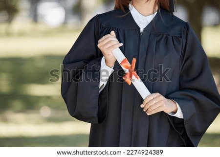Graduation, education and hands of woman with diploma for ceremony, award and achievement on campus. University success, college and graduate student holding certificate, degree and academy scroll