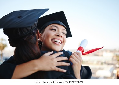 Graduation, education and hug with woman student friends hugging on university campus in celebration of success or qualification. College, graduate and scholarship with a female and friend embracing - Shutterstock ID 2211222163