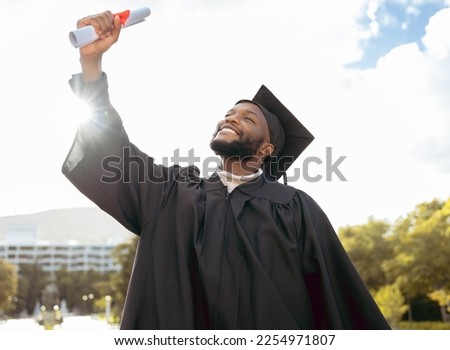 Graduation event, diploma and black man celebrate achievement, success and smile. Happy graduate, education certificate and winner of university goals, learning award and student motivation of future