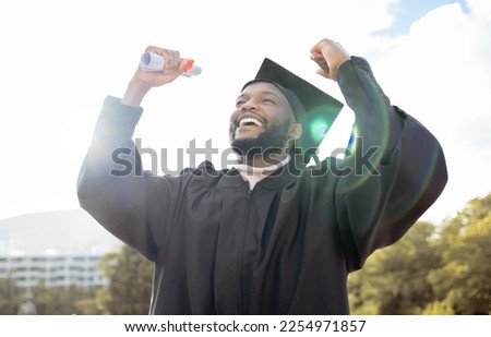 Graduation, fist and black man celebrate success, achievement and college target. Happy graduate, education celebration and excited for university goals, learning award and student motivation of hope