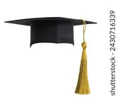 Graduation hat, Academic cap or Mortarboard in black with gold tassel isolated on white background (clipping path) for educational hat design mockup and school commencement hat mock-up template