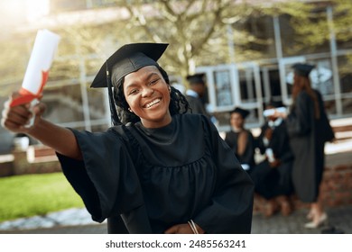 Graduation, portrait and black woman with yes at university, certificate or degree in Nigeria. Female student, excited and proud of achievement for goal, celebration or award on campus for ceremony