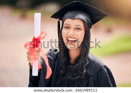 Graduation, portrait and excited woman celebrate with diploma for achievement and success at college campus. Face, smile and graduate with certificate scroll outdoor at university for education award
