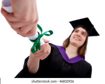 Graduation Receiving Her Diploma Isolated Over A White Background