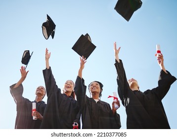 Graduation, Students And Education Goal Success Celebration With Happy Women Excited Victory Hat Throw. University, Motivation And Friends Graduate Together, United Achievement For Young Learners