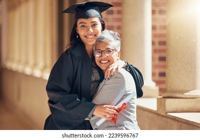 Graduation, university and portrait of mother with girl at academic ceremony, celebration and achievement. Family, education and mom hugging graduate daughter with degree or diploma on college campus - Shutterstock ID 2239596767