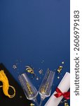 Graduation vertical items include a cap, tassel, diploma, champagne glasses, and festive confetti set against a vibrant blue background, evoking achievement, joy, and celebration