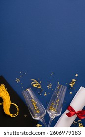 Graduation vertical items include a cap, tassel, diploma, champagne glasses, and festive confetti set against a vibrant blue background, evoking achievement, joy, and celebration