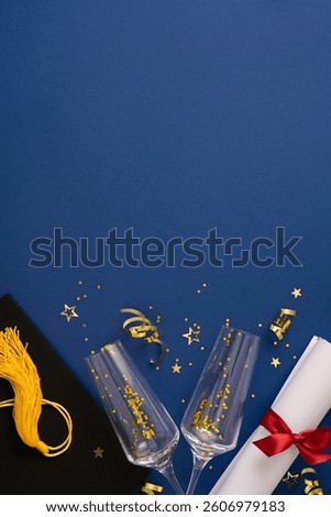 Graduation vertical items include a cap, tassel, diploma, champagne glasses, and festive confetti set against a vibrant blue background, evoking achievement, joy, and celebration