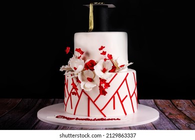 Graduation White Cake With Red Flowers