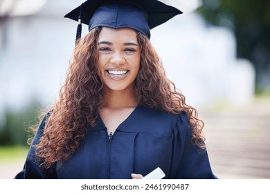 Graduation, woman and portrait with smile at college for success, growth and achievement in Brazil. Female student, happy and certificate outdoors for pride, goals and education in university - Powered by Shutterstock