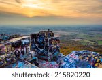 Graffiti covered rocks and overlook of the Cumberland Valley from High Rock, in Pen Mar County Park, Maryland.