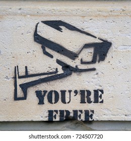 Graffiti As A Protest Against Video Surveillance In Berlin On A House Wall, Germany