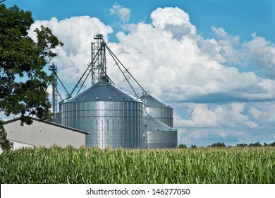 Grain Bins / Silos in corn field against cloudy sky