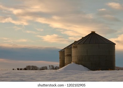 Grain bins in winter, in Alberta Canada