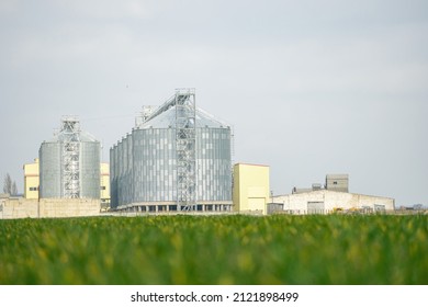 Grain Elevator. Metal Grain Elevator In Agricultural Zone. Agriculture Storage For Harvest. Grain Elevators On Green Nature Background. Exterior Of Agricultural Factory. Nobody.