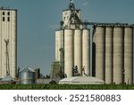 Grain elevators, silos, and other farm buildings tower over a lush, green field of corn in northern Kansas.