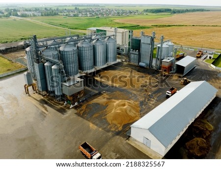 Grain storage. Silo at farm. Elevator for corn storage and grain. Feed Silos Hopper for wheat storage and barley. Storing grain and compound feeds. Agricultural warehouse. Wheat import in food crisis.