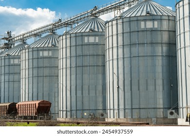 Grain storage. Silos on agro-processing and manufacturing plant for processing drying cleaning and storage of agricultural products. Modern steel agricultural grain granary silos. Agribusiness.