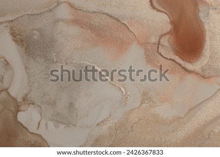 Grain watercolor paper texture blot painting wall. Abstract nacre gold, beige marble copy space background.