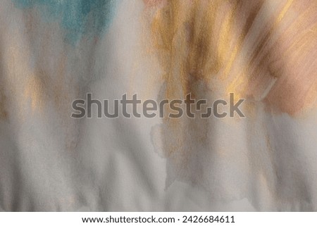 Grain wet watercolor paper texture blot painting wall. Abstract nacre gold, beige marble copy space background.