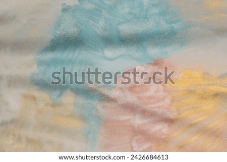 Grain wet watercolor paper texture blot painting wall. Abstract nacre gold, silver marble copy space background.