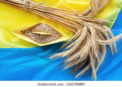 grain wheat and spikelets on a blue background. Ukrainian grain and problems of blockade of ports.	
 - Shutterstock ID 2165783887