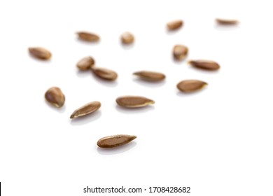 Grains flax organic seeds isolated on white. Pile healthy linseed or flaxseed background. Clean-eating food with antioxidant, omega-3, protein and copy space. - Shutterstock ID 1708428682