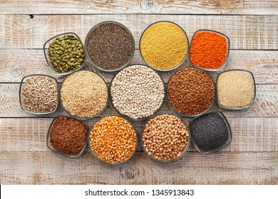 Grains, Seeds And Nuts Collection - The Gluten Free Alternatives. Diversified Diet Concept With Colorful Staple Food Variety.