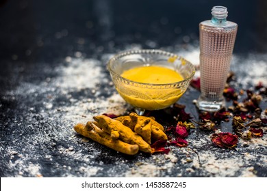 Gram Flour Or Chickpea Flour Well Mixed With Turmeric Using Rose Water In A Glass Bowl And Making Gram Flour Face Mask For Maintaining The PH Of The Skin.