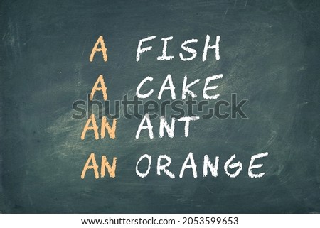 Grammar learning concept. Example of using A and AN before vowel and consonant. Blackboard background.