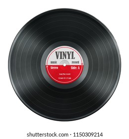 disco gramófono Long tocó discos vinílicos Carbide vintage música analógica grabando una etiqueta roja de 33 rpm de 12 pulgadas aislada sobre fondo blanco. Esto es un camino de recorte.
