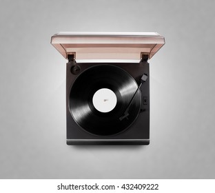 Gramophone Vinyl Player Playing Record, Top View, Isolated, Clipping Path. Talking Machine Play Blank Sound Plate Mock Up. Retro Phonograph Design From Above. Spinning Vinyl Record Template Audio Disc