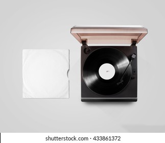 Gramophone Vinyl Player And Record Cover Sleeve Mockup, Top View, Isolated. Talking Machine Play Blank Sound Plate Mock Up. Retro Phonograph Design From Above. Spinning Vinyl Template Audio Disc