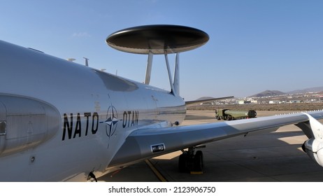 Gran Canaria Airport Spain OCTOBER, 21, 2021 Distinctive rotating radar dome, rotodome, above the fuselage of a spy plane. Boeing E-3 Sentry AWACS (Airborne Warning and Control System) of NATO