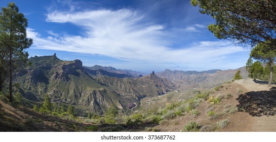 Gran Canaria, Caldera de Tejeda in February, Roque Bentayga and Teide on Tenerife visible, panorama