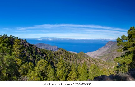 Gran Canaria, December, view west from nature Park Tamadaba towards Teide on Tenerife, panorama