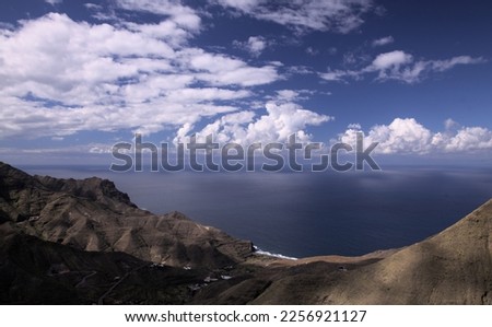 Gran Canaria, landscape of the mountainous western part of the island hiking route to Faneque, the tallest over-the-sea cliff of Europe, from small hamlet of El Risco