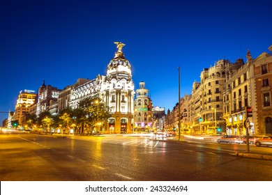 Gran Via, Main Shopping Street In Madrid, Spain At Dusk