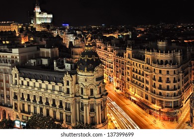 Gran Via Street At Night In Madrid City, Spain