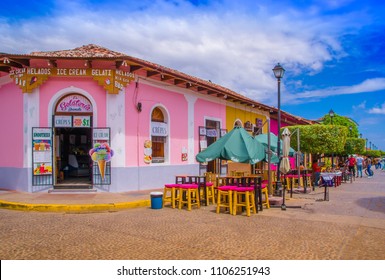 GRANADA, NICARAGUA - APRIL 28, 2016: View of market stalls at a colorful street in Granada, Nicaragua