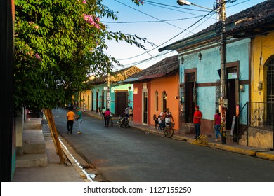 Granada, Nicaragua. February 7, 2018. A Local Street Filled With People In Granada, Nicaragua