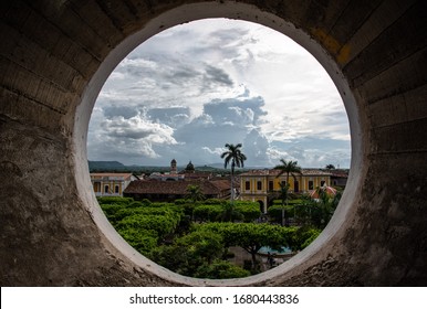 Granada Nicaragua plaza main square with view on central Park of granada from church steeple round Window historical cathedral beautiful Old town Central America culture