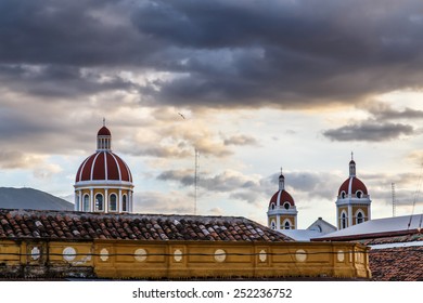 granada nicaragua view with cathedral and sky at background