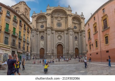 Granada Spain - 09 14 2021: View At The Front Facade At The Granada Cathedral Or Cathedral Of The Incarnation, Catedral De Granada, Santa Iglesia Catedral Metropolitana De La Encarnación De Granada