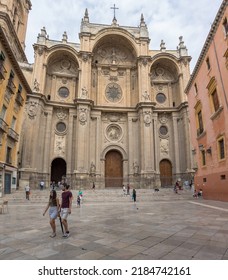 Granada Spain - 09 14 2021: View At The Front Facade At The Granada Cathedral Or Cathedral Of The Incarnation, Catedral De Granada, Santa Iglesia Catedral Metropolitana De La Encarnación De Granada