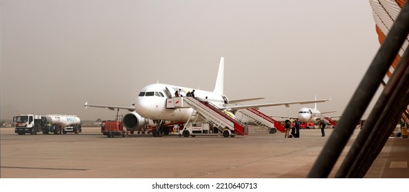 Granada, Spain; 10-03-2022: Airbus Planes Of The Vueling Company Fleet Coming From Bilbao And Barcelona, Grounded In Federico García Lorca Granada-Jaén (GRX-LEGR) Airport.