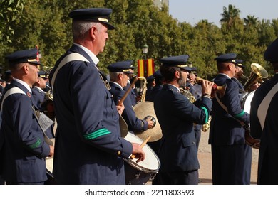 Granada, Spain; 10-09-2022: Pledge Of Allegiance Due To The 100th Anniversary Of The Air Force Base Of Armilla. The Army's Band Performing Various Military Marches.