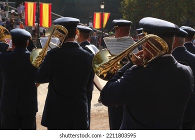 Granada, Spain; 10-09-2022: Pledge Of Allegiance Due To The 100th Anniversary Of The Air Force Base Of Armilla. The Army's Band Performing Various Military Marches.