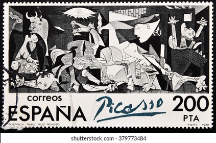 GRANADA, SPAIN - AUGUST 19, 2011: Stamp printed in Spain shows Guernica painting by Pablo Picasso, 1981